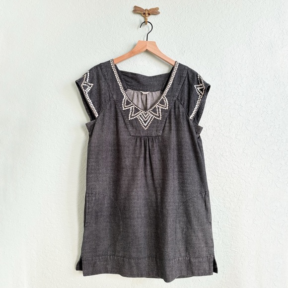 Fossil•Vintage•Gray/Blue Denim•Embellished Mini Shift Dress with Pockets - Picture 1 of 9